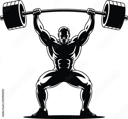 Muscular Man Lifting Heavy Barbell with Weights Overhead Squat