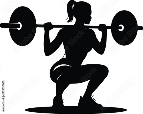 Silhouette of woman lifting weights in squat position strong