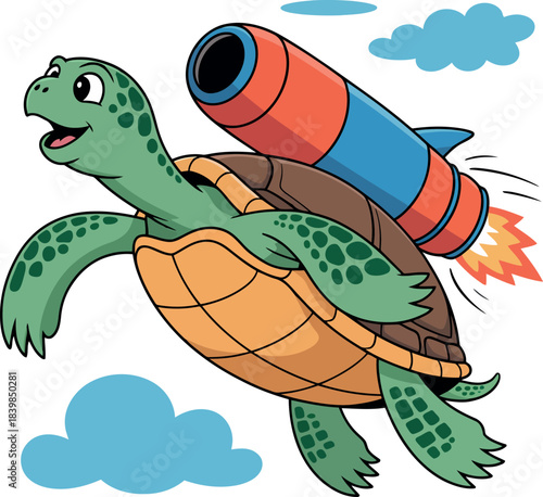 Cartoon turtle with rocket backpack flying through blue clouds vector