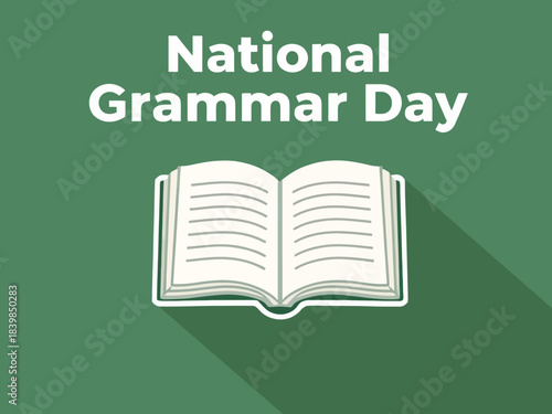 A minimal National Grammar Day design featuring a white open-book icon and bold typography on a dark green gradient background