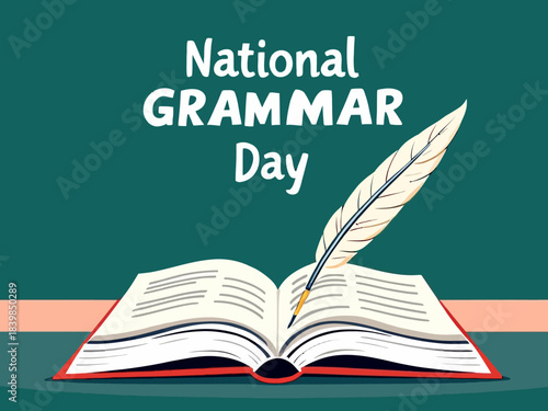 A minimal National Grammar Day design featuring a white open-book icon and bold typography on a dark green gradient background