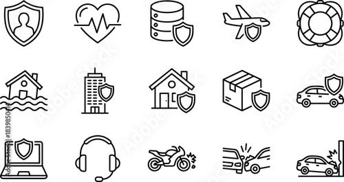 Comprehensive Insurance and Protection Line Icons Vector Set, Covering Life, Health, Home, Car, Travel, Data Security, and Property Safety Symbols for Financial Security.