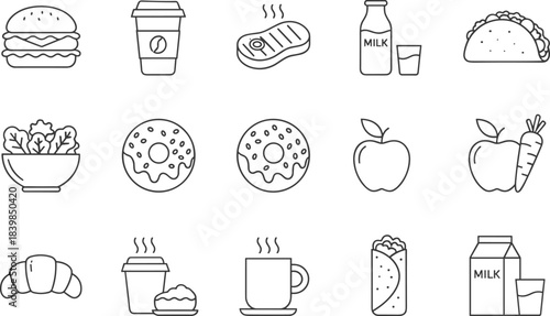 Delicious Food and Drink Line Icons Set, Including Hamburger, Coffee, Steak, Milk, Taco, Donut, Healthy Salad, and Bakery Pastry Vector Illustration