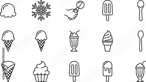 Delicious Ice Cream and Dessert Icons, Sweet Summer Frozen Treats Line Art Vector Set, Including Scoops, Cones, Popsicles, Spoon, Sundae, and Snowflake Symbol.