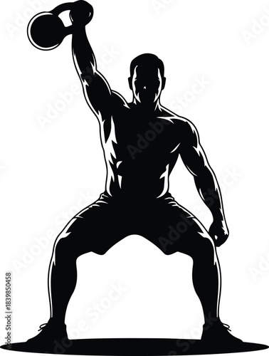 Silhouette of a man lifting a kettlebell with strength