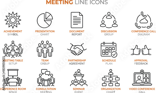 Ultimate Mega Business, Finance, Global Network, and Productivity Line Icons Vector Set, Covering Meeting, Insurance, Customer Feedback, and Growth Strategy Symbols.