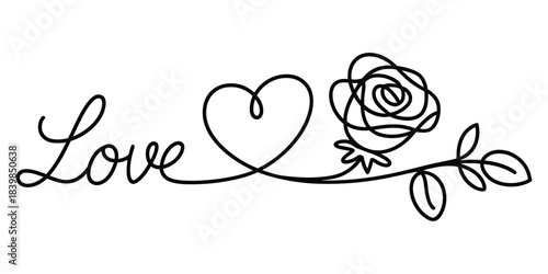 Black line art of love heart and rose on