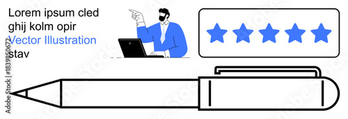 Customer reviews, business evaluation, feedback, office supplies, quality rating, creative agencies. Professional pointing to laptop, five stars and a pen. Business reviews and feedback concept