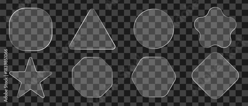 Glassmorphism UI Elements Set. Transparent Glass Plates, Acrylic Badges, and Geometric Shapes for Modern UI or UX Design, Empty Glossy Clear Buttons, Frames and Banners Vector Mockup Bundle
