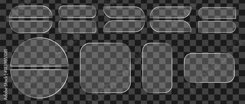Glassmorphism UI Elements Set. Transparent Glass Plates, Acrylic Badges, and Geometric Shapes for Modern UI or UX Design, Empty Glossy Clear Buttons, Frames and Banners Vector Mockup Bundle
