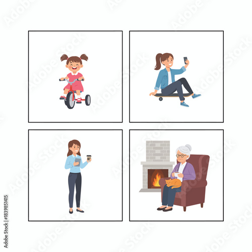 Life Stages Illustration Set – Childhood to Old Age Activities
