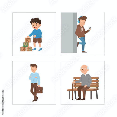 Life Stages Illustration Set – Childhood to Old Age Activities