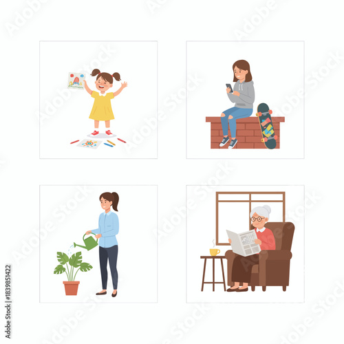 Life Stages Illustration Set – Childhood to Old Age Activities