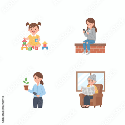 Life Stages Illustration Set – Childhood to Old Age Activities