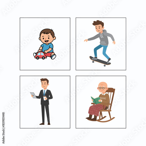Life Stages Illustration Set – Childhood to Old Age Activities