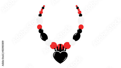 Red And White Beaded Necklace With A Heart Pendant Isolated On Black Background Simple Minimalist Jewelry Design