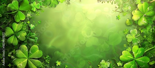 A St. Patrick's Day design with multiple green clovers forming a border against a soft green gradient background