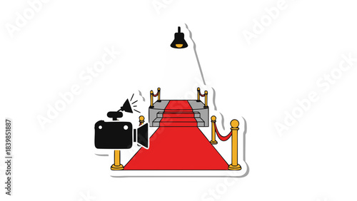 Red Carpet Staircase Leading Upwards To Spotlight With Velvet Ropes And A Vintage Spotlight Camera Set Up On The Side Illuminated With Warm Light On A Black Background