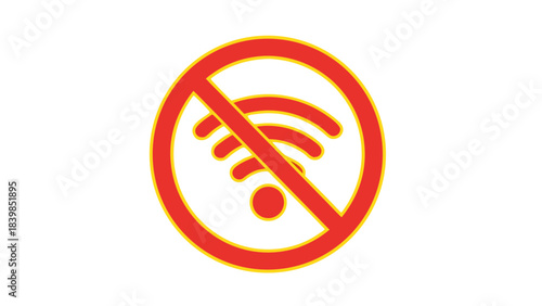 Red Circle With A Diagonal Line Across A Wifi Symbol On A Black Background With A Yellow Outline Indicating No Internet Connection Or Wireless Signal Disabled Concept