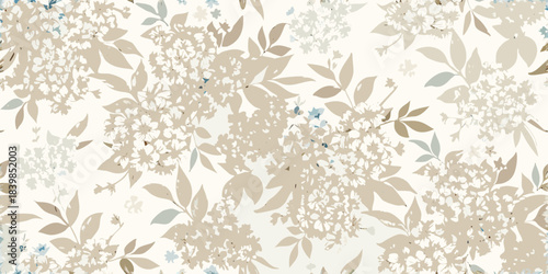 Delicate floral pattern with beige and pale blue botanical elements