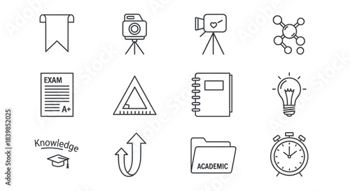 A collection of line icons representing education, science, learning, and academic concepts.