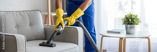 Person vacuuming upholstered armchair with yellow gloves
