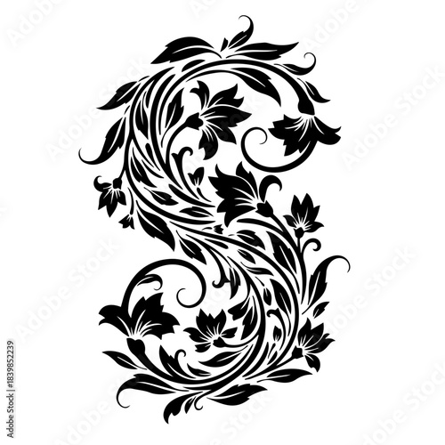 Intricate Black and White Botanical Swirl Design with Classic Flourish