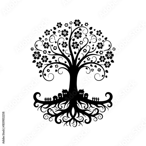 Stylized Tree of Life with Houses and Roots