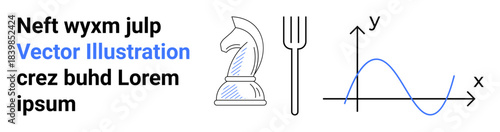 Strategy, learning, mathematics, logic, analytics, creativity. Chess knight, fork and sine wave-thumbs up mathematical graph. Strategy and learning concepts reflected in symbolic visuals