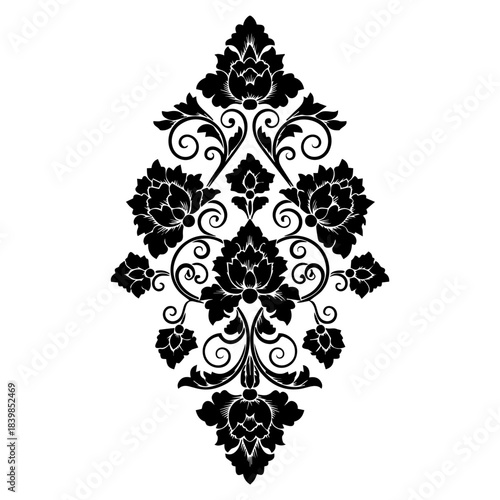 Black Floral Damask Ornament Decorative Element Vector Art
