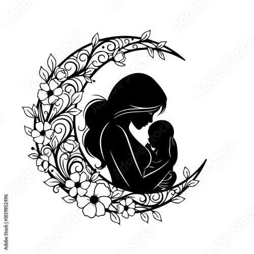 Elegant Floral Crescent Moon Silhouette Symbolizing Maternal Love