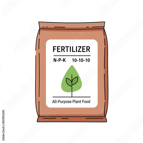 A brown bag of all-purpose plant food fertilizer with NPK 10-10-10 ratio and a green leaf icon, simple illustration.