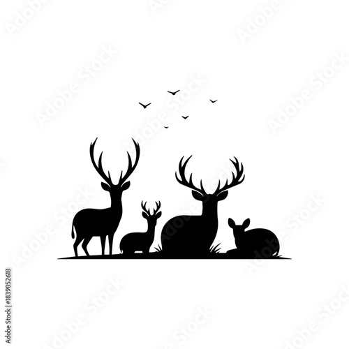 Deer Family Silhouette with Small Bird Flock Above