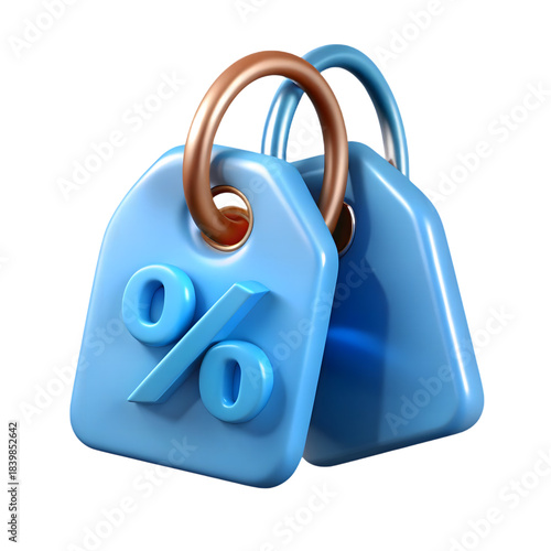 Two blue discount tags with percentage symbols isolated on transparent background