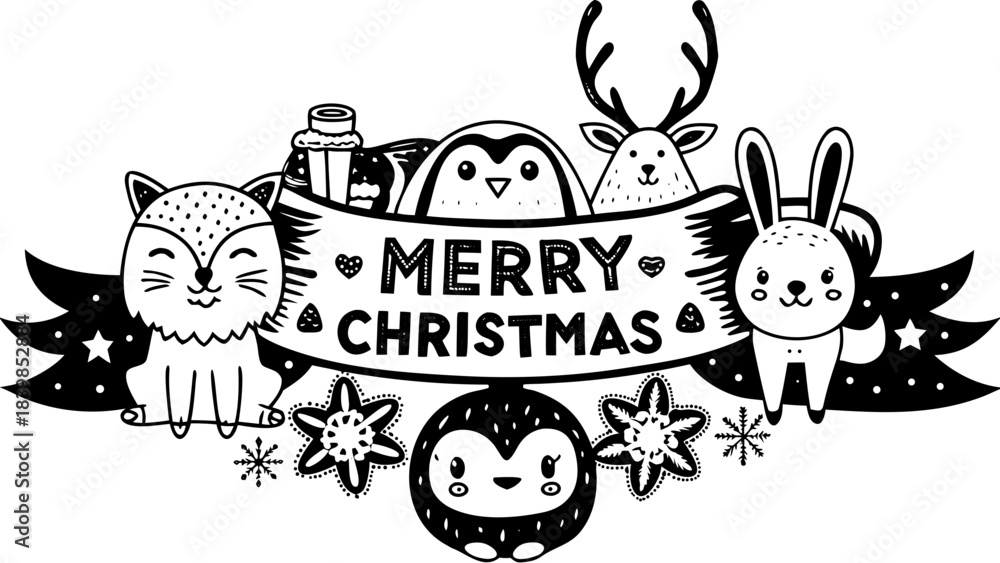 Obraz premium Adorable kawaii Christmas vector illustration of smiling chibi winter animals holding a “Merry Christmas” banner with pastel colors, snowflakes, gifts and festive hats — perfect for backgrounds