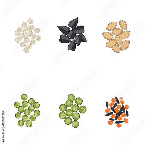 Six distinct piles of various seeds and legumes including sesame, sunflower, pumpkin, peas, and lentils on a white background.