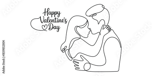 Happy valentines day couple embracing in line art style