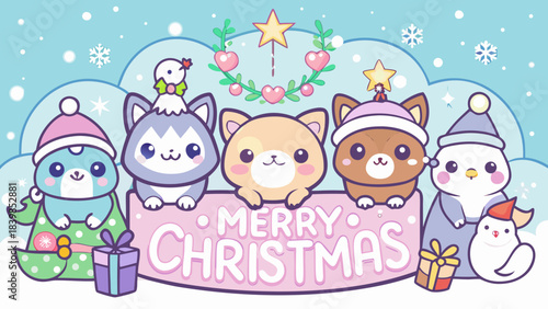 Adorable kawaii Christmas vector illustration of smiling chibi winter animals holding a “Merry Christmas” banner with pastel colors, snowflakes, gifts and festive hats — perfect for backgrounds