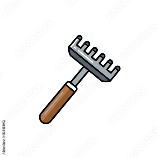 A small hand rake with a metal head and a brown wooden handle, used for gardening.