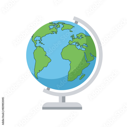 A colorful flat design illustration of a world globe showing continents and oceans on a grey stand.
