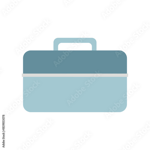 A flat design illustration of a light blue lunchbox with a darker blue lid and a handle, depicted against a white background.