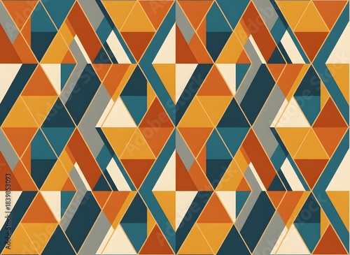 Colorful seamless geometric pattern with orange triangle shapes for abstract texture and retro backdrop design