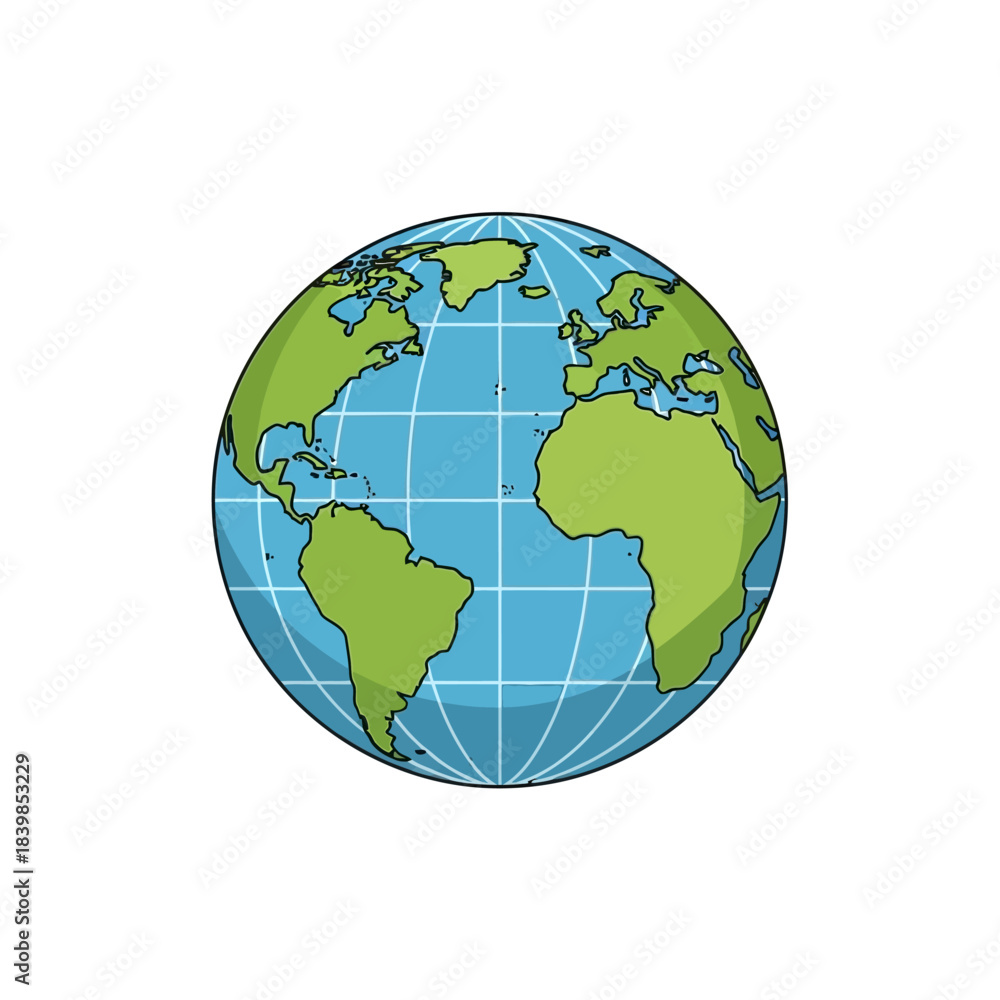 Fototapeta premium A cartoon illustration of the Earth globe showing continents and oceans with grid lines.