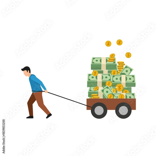 A man in a blue shirt and brown pants pulls a small wooden cart overflowing with stacks of green banknotes and golden coins, symbolizing wealth and effort.