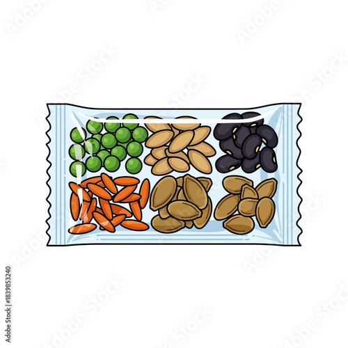 A clear plastic snack packet containing six different types of healthy seeds, nuts, and vegetables, including peas, almonds, black beans, carrots, and pumpkin seeds.