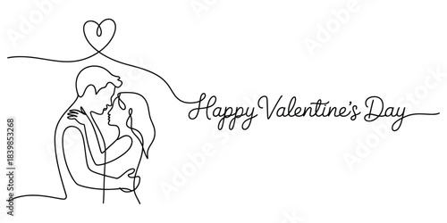 Continuous line drawing of a couple embracing on valentines day