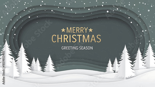 Horizontal green Merry Christmas and Happy New Year greeting card header banner in paper art style with snowy winter landscape snow covered trees for holiday message and festive background	