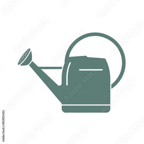 A simple graphic illustration of a watering can in a muted green color, an essential tool for gardening and plant care.