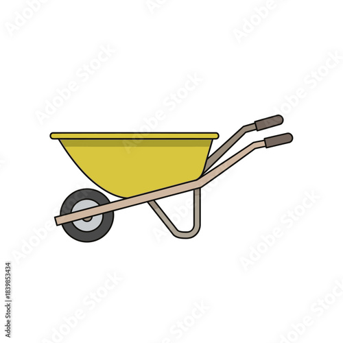 Simple cartoon illustration of a yellow wheelbarrow with a single wheel and two handles, used for gardening and construction tasks.