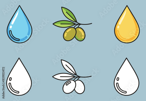 Natural substance icons, water droplet, olives, oil drop in color and outline styles, flat vector illustration